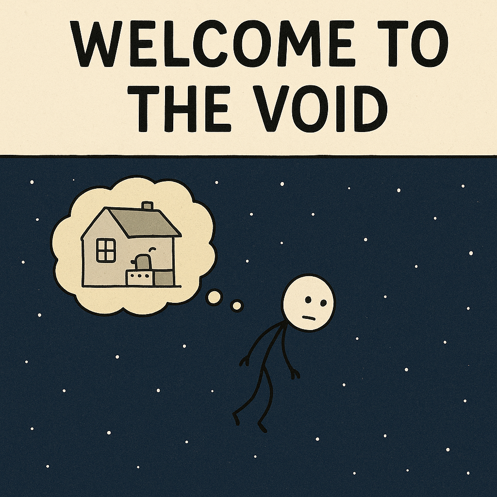 A stick figure floats in space under the words ‘WELCOME TO THE VOID,’ imagining a house inside a thought bubble.