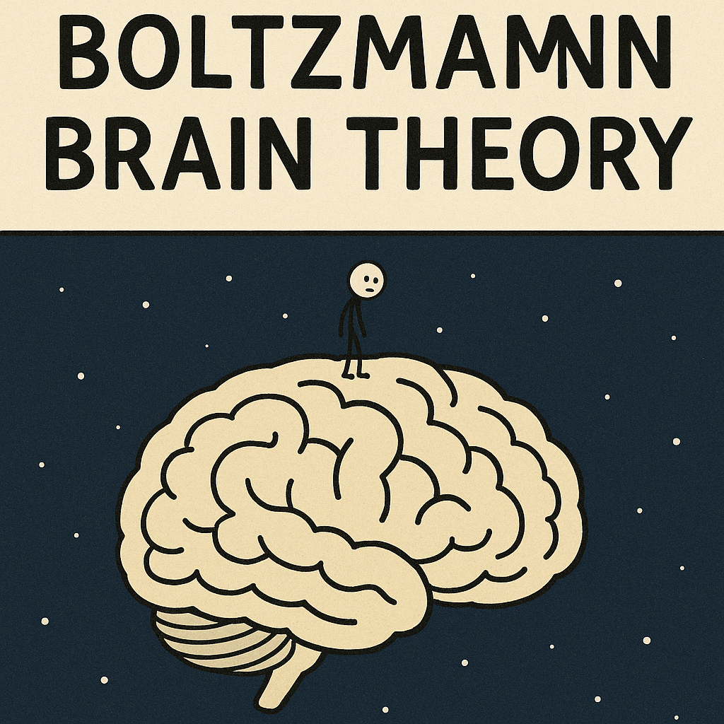 Stickman standing on a giant floating brain in space under the title ‘BOLTZMANN BRAIN THEORY